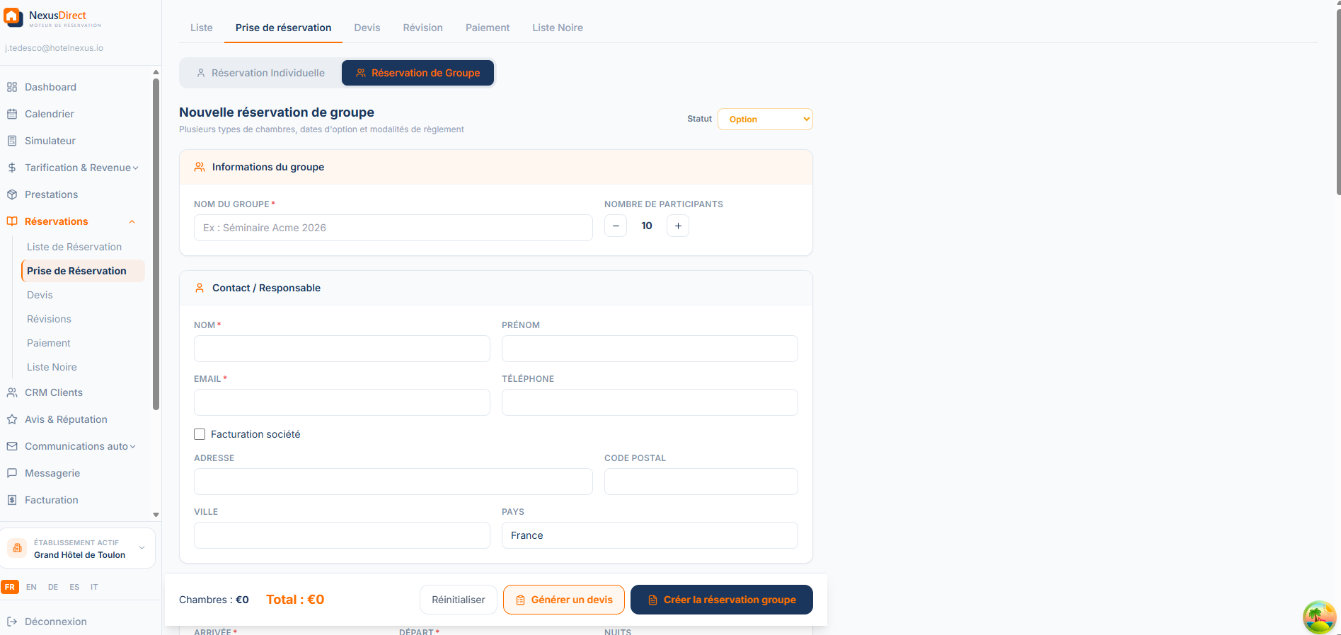 Réservation Groupe — NexusDirect Back Office Manager